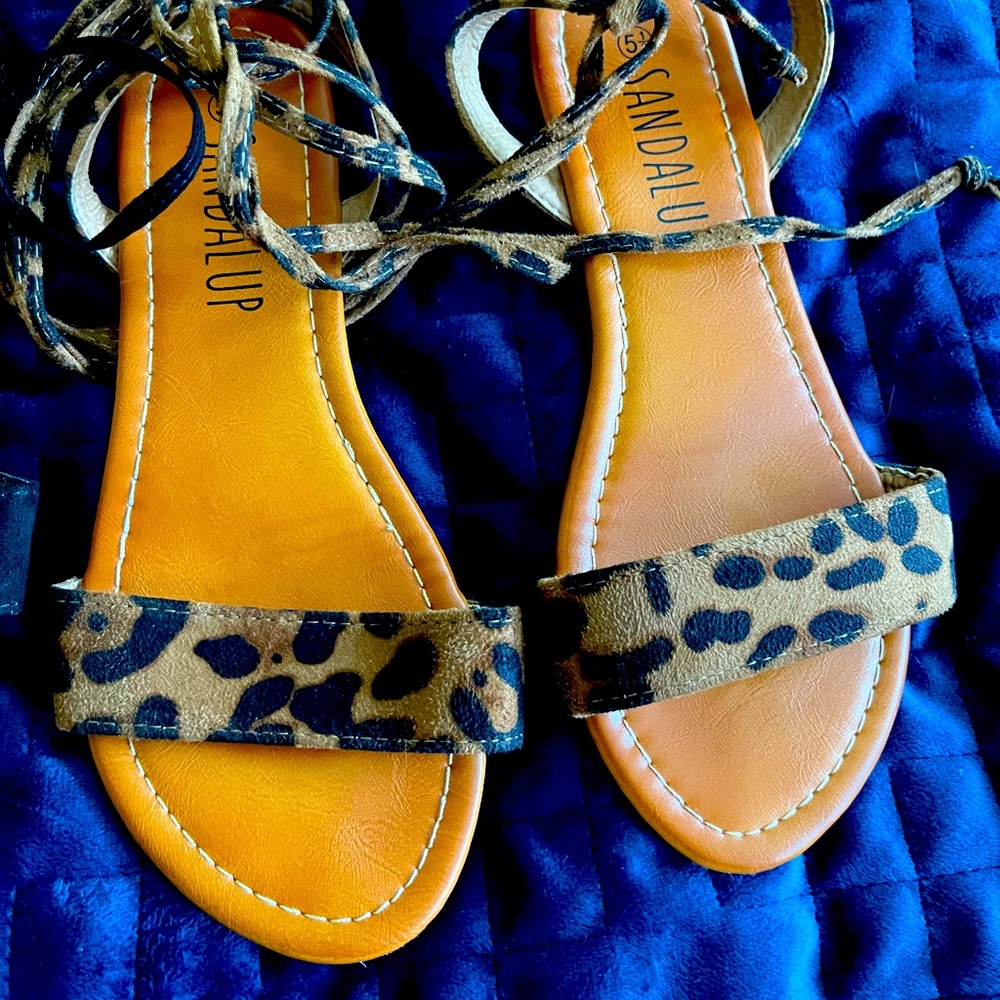 Strappy Leopard Print Lace Up Sandals